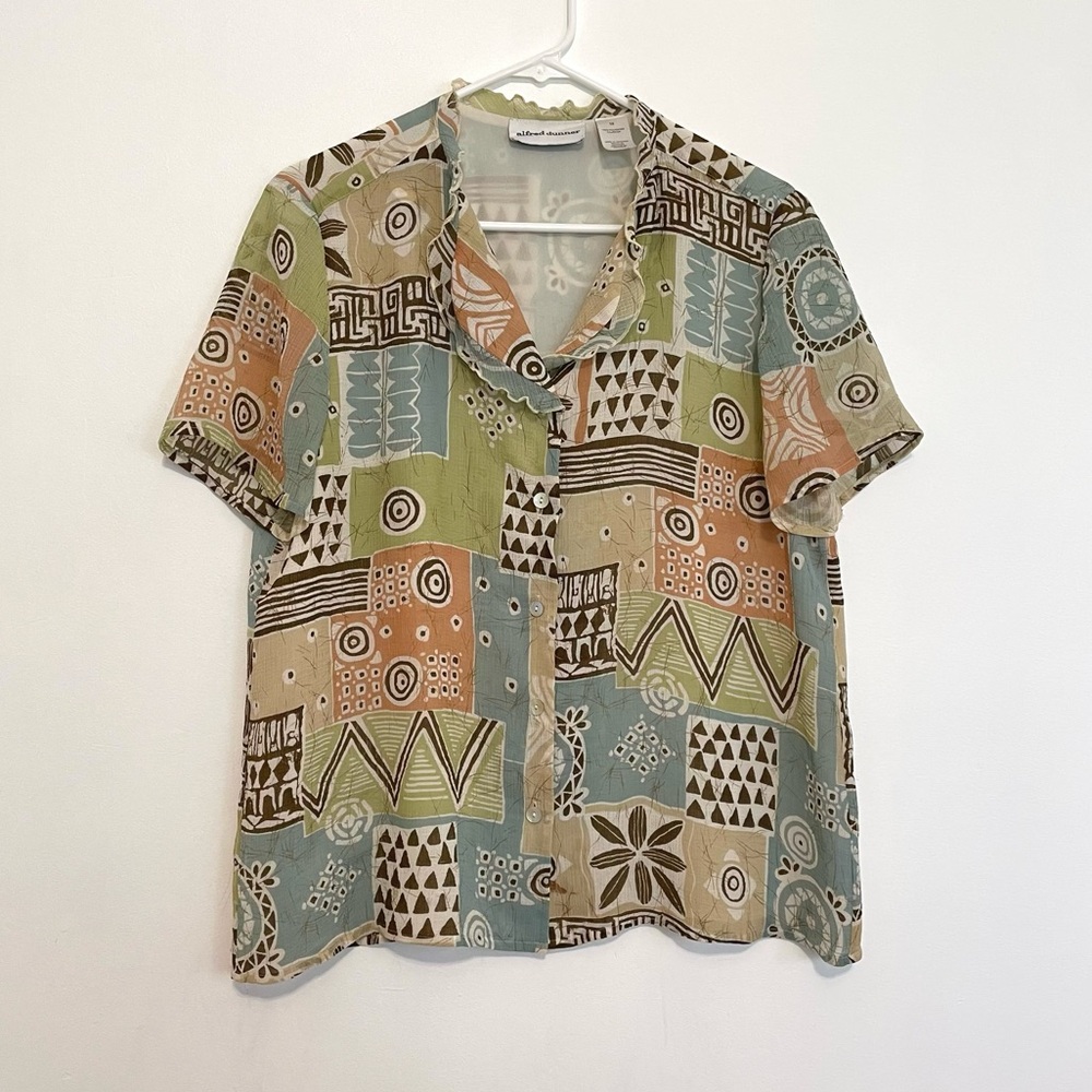 ALFRED DUNNER Cream Brown Multi Patchwork Summer Short Sleeve Button Down Shirt